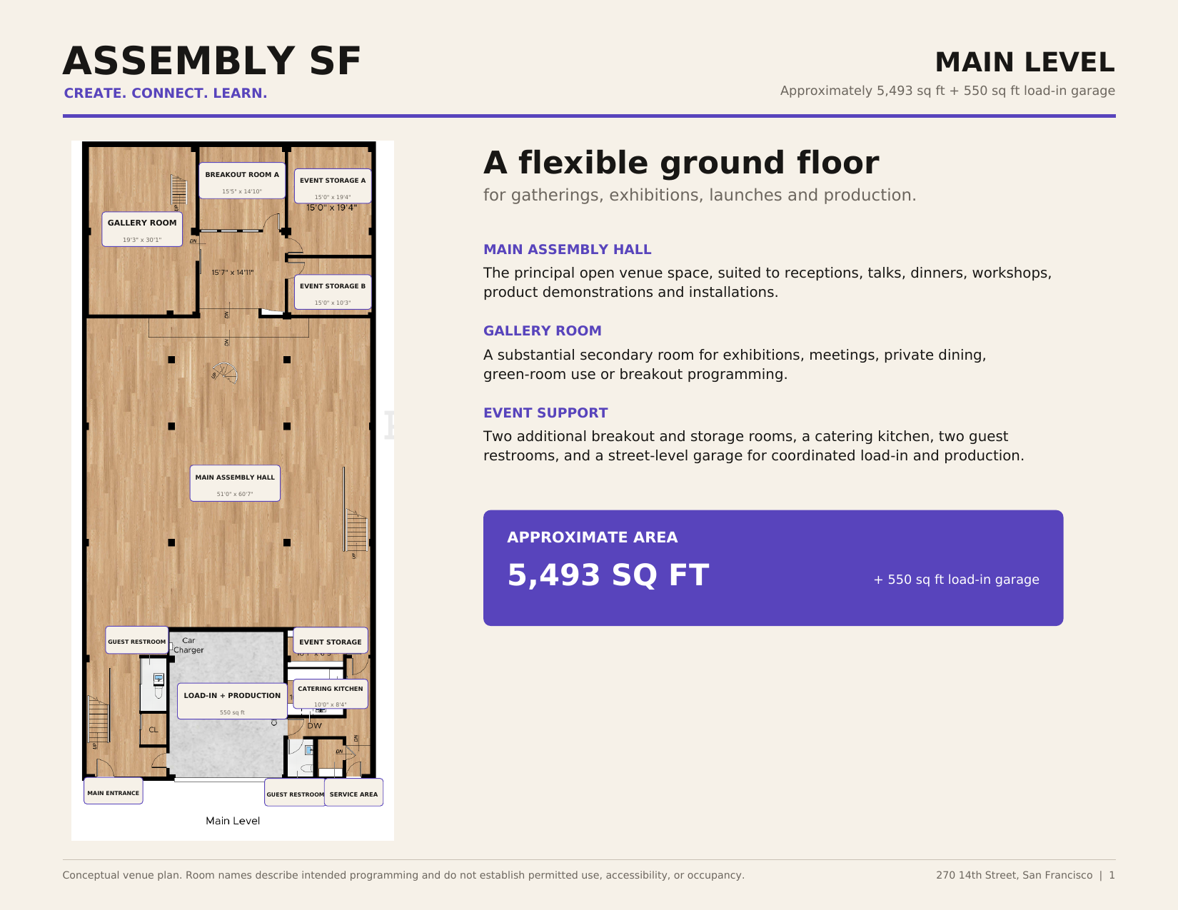 Branded main level floor plan showing the Assembly Hall, Gallery Room, breakout rooms, kitchen, restrooms and load-in garage