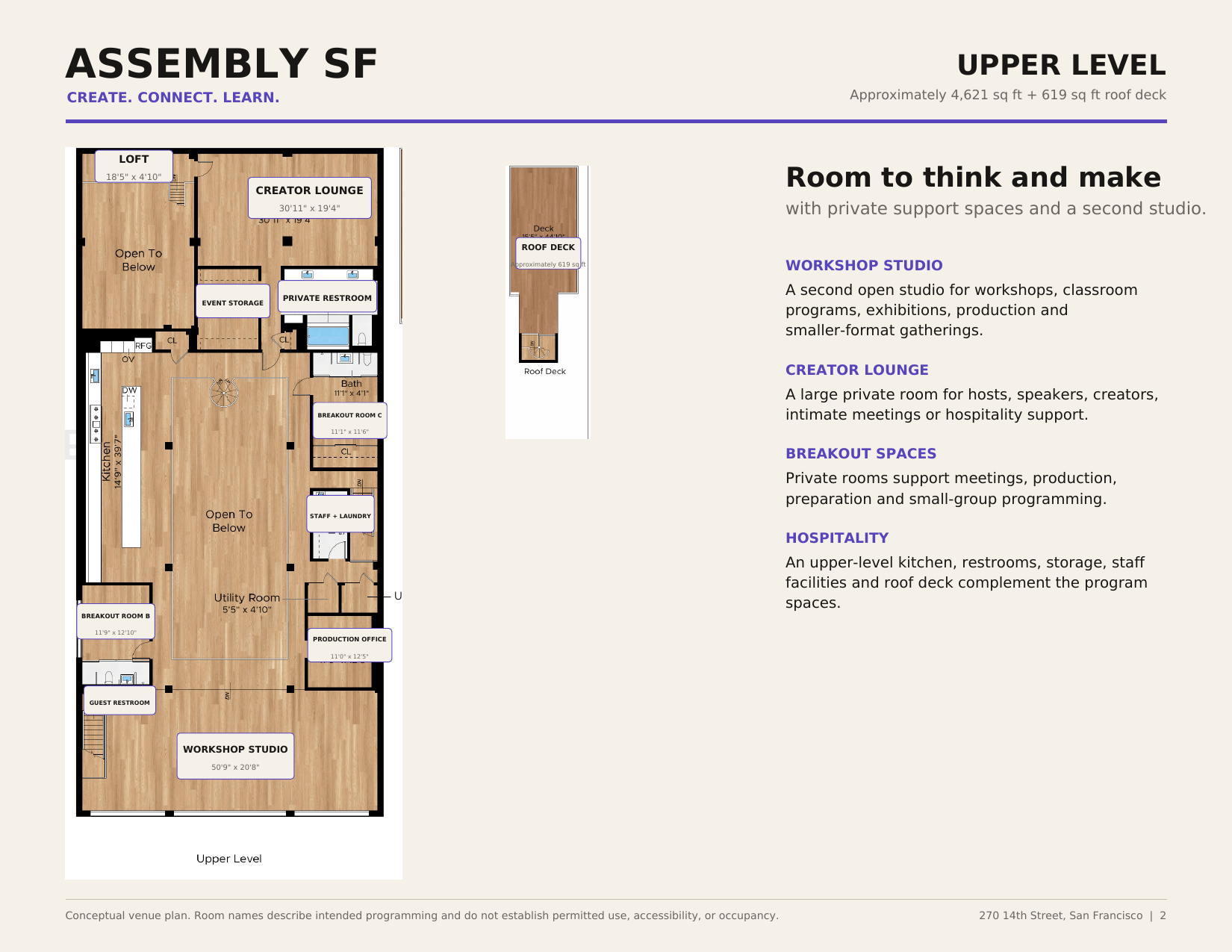 Branded upper level floor plan showing the Workshop Studio, Creator Lounge, roof deck, breakout rooms and support spaces